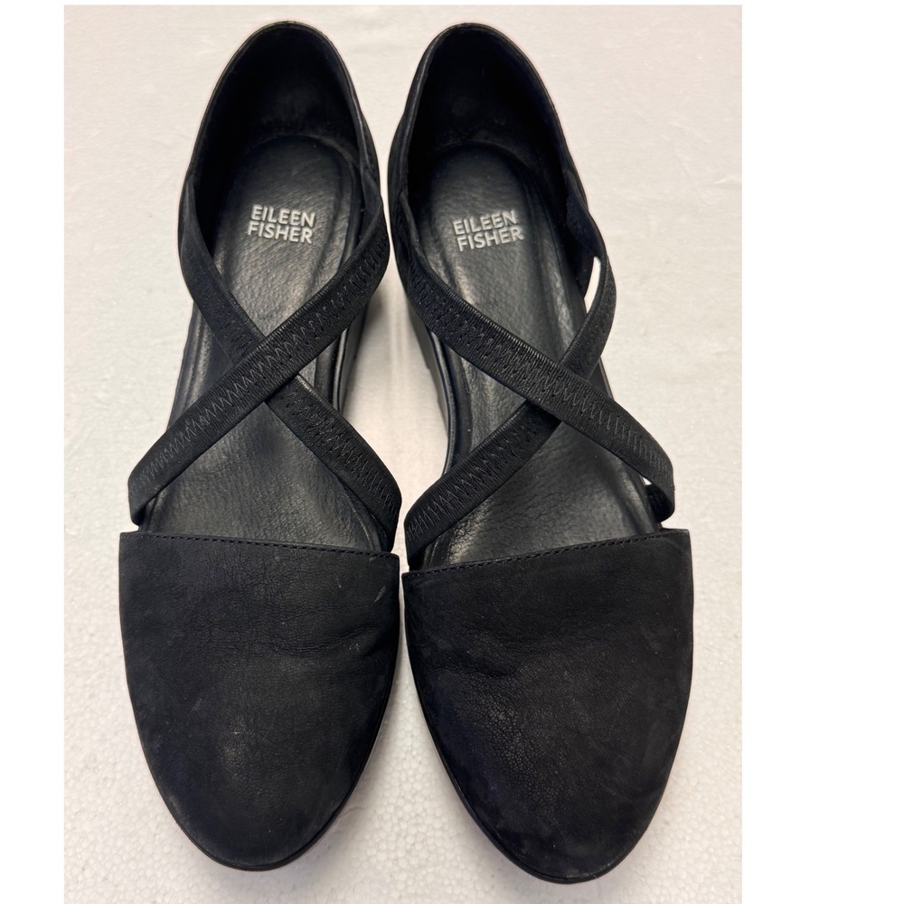 Eileen Fisher Black Nubuck Leather Crisscross Elastic Platform Sandals Womens 8